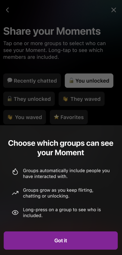 Jack'd Moments group features