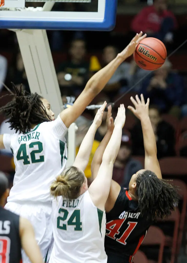 New York Times article image featuring Brittney Griner blocks shot at Baylor University in 2012. 