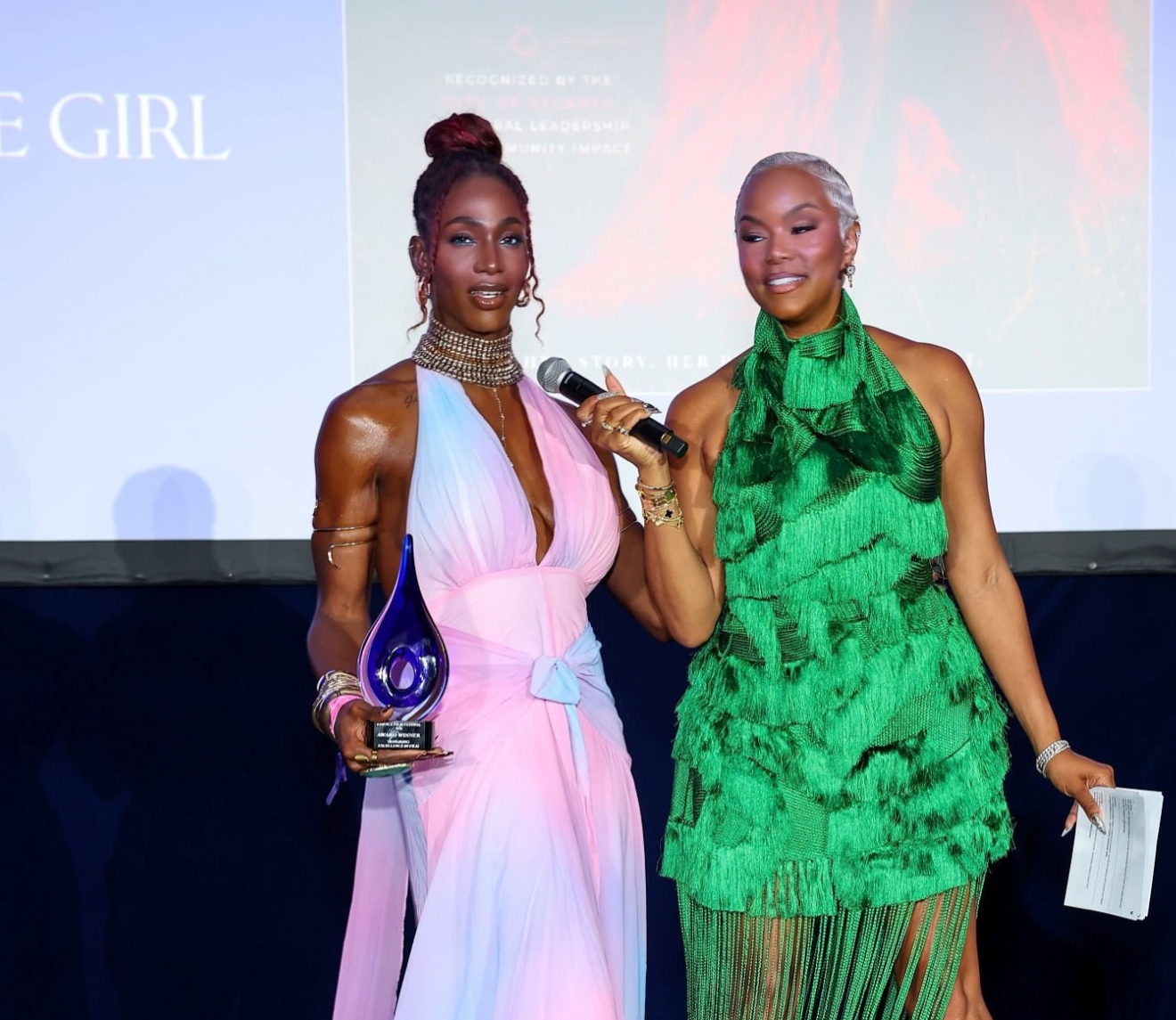 Hope Giselle accepts Essence Film Festival award from Latoya Luckett | Source: Getty Images